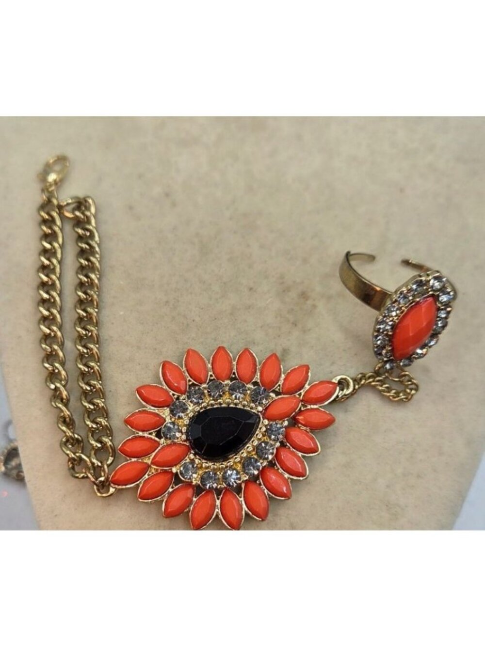 Gold-Tone Hand Chain Bracelet With Orange & Black Gemstone Accents And Adjustabl